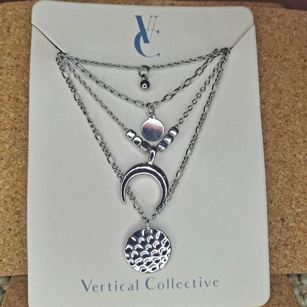Vertical Collective Silver Layer Necklace Crescent Moon Hammered Disc Celestial